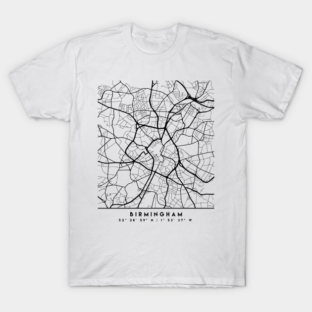 BIRMINGHAM ENGLAND BLACK CITY STREET MAP ART T-Shirt by deificusArt